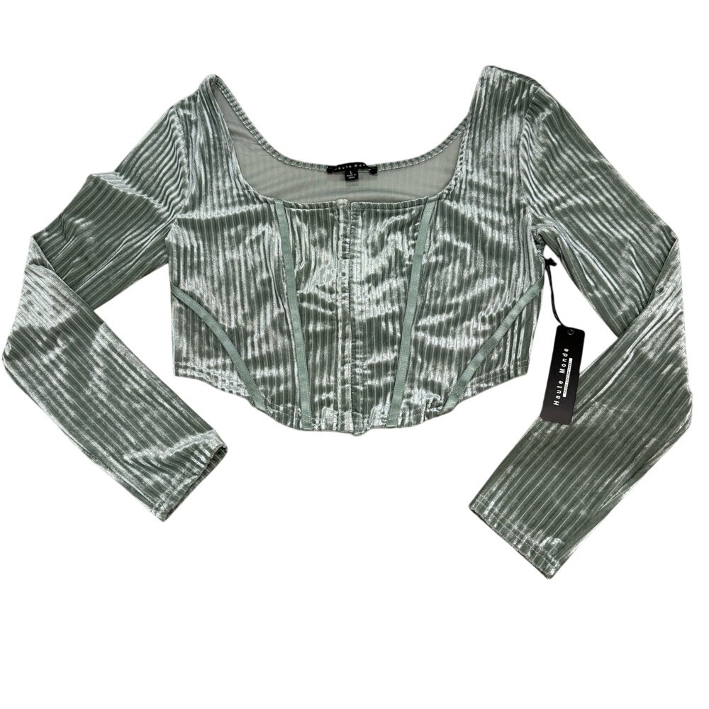 Haute Monde Sage Green Ribbed Velvet Corset Crop Top Long Sleeve NWT Large